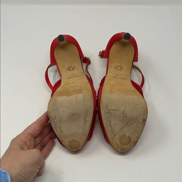 Marchesa Red Lace Satin Party Peep Toe Heels Pumps Size 38.5 0059 - Picture 10 of 10